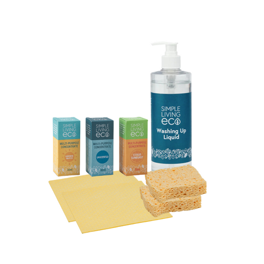Kitchen Starter Bundle from Simple Living Eco Washing Up Liquid + 3 Concentrated Cleaners + 2 compostable sponges + 2 compostable dishcloths