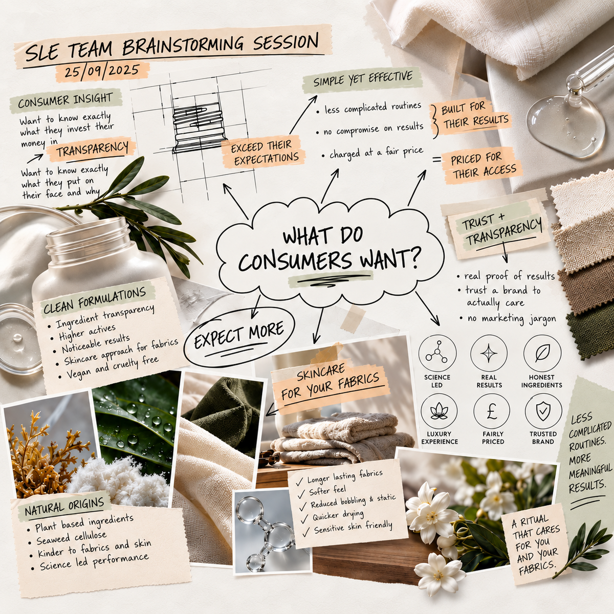 Simple Living Eco team brainstorming session exploring consumer needs, transparency and skincare for fabrics